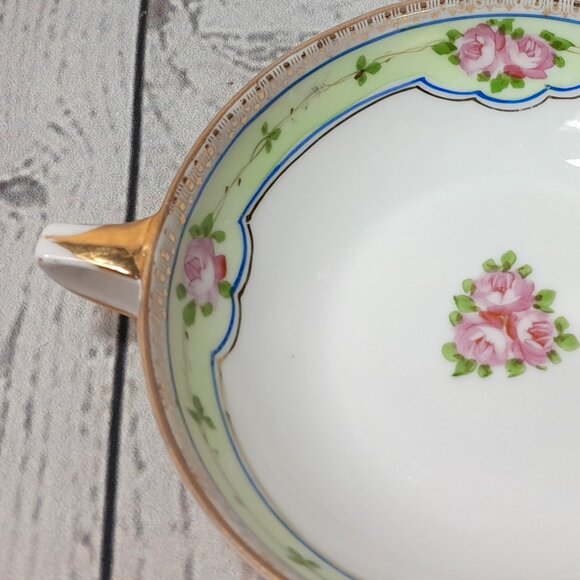 Nippon Bon Bon Bowl Double Handle Hand Painted Porcelain Floral Pink Roses - Picture 3 of 10